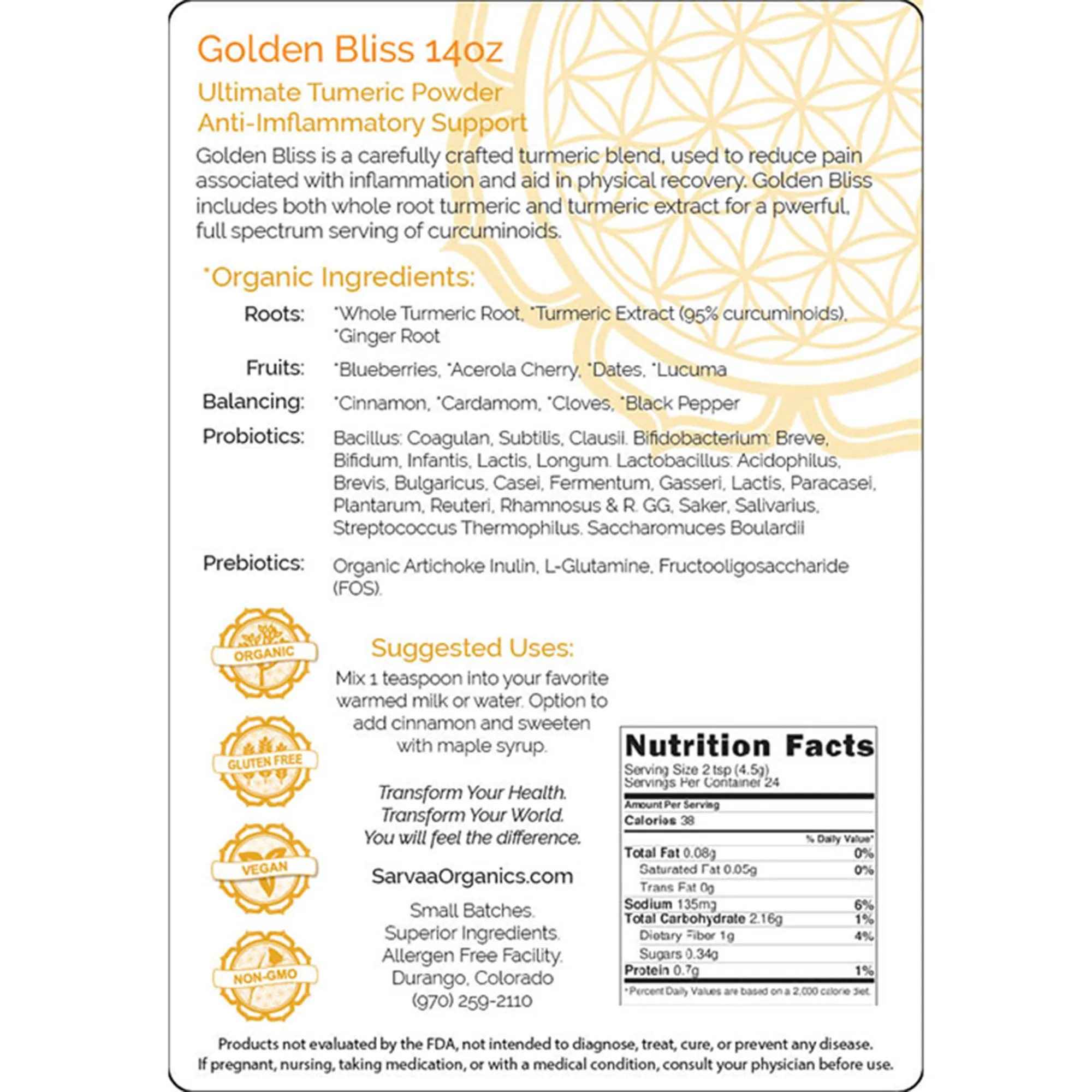 Golden Bliss organic turmeric powder supplement information