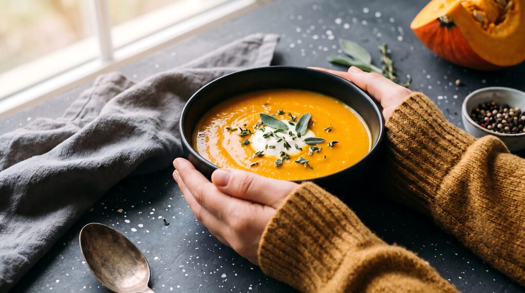 A woman feels the warmth from her bowl of squash soup.